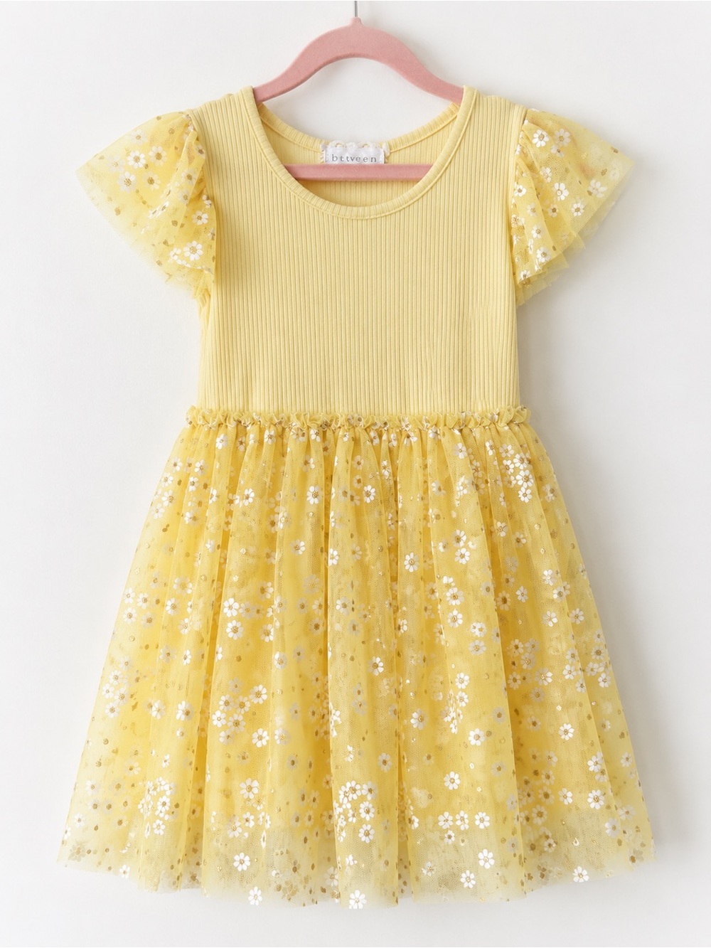 btween Girls Yellow Daisy Tulle Dress Size 5 Flutter Sleeve Party Easter